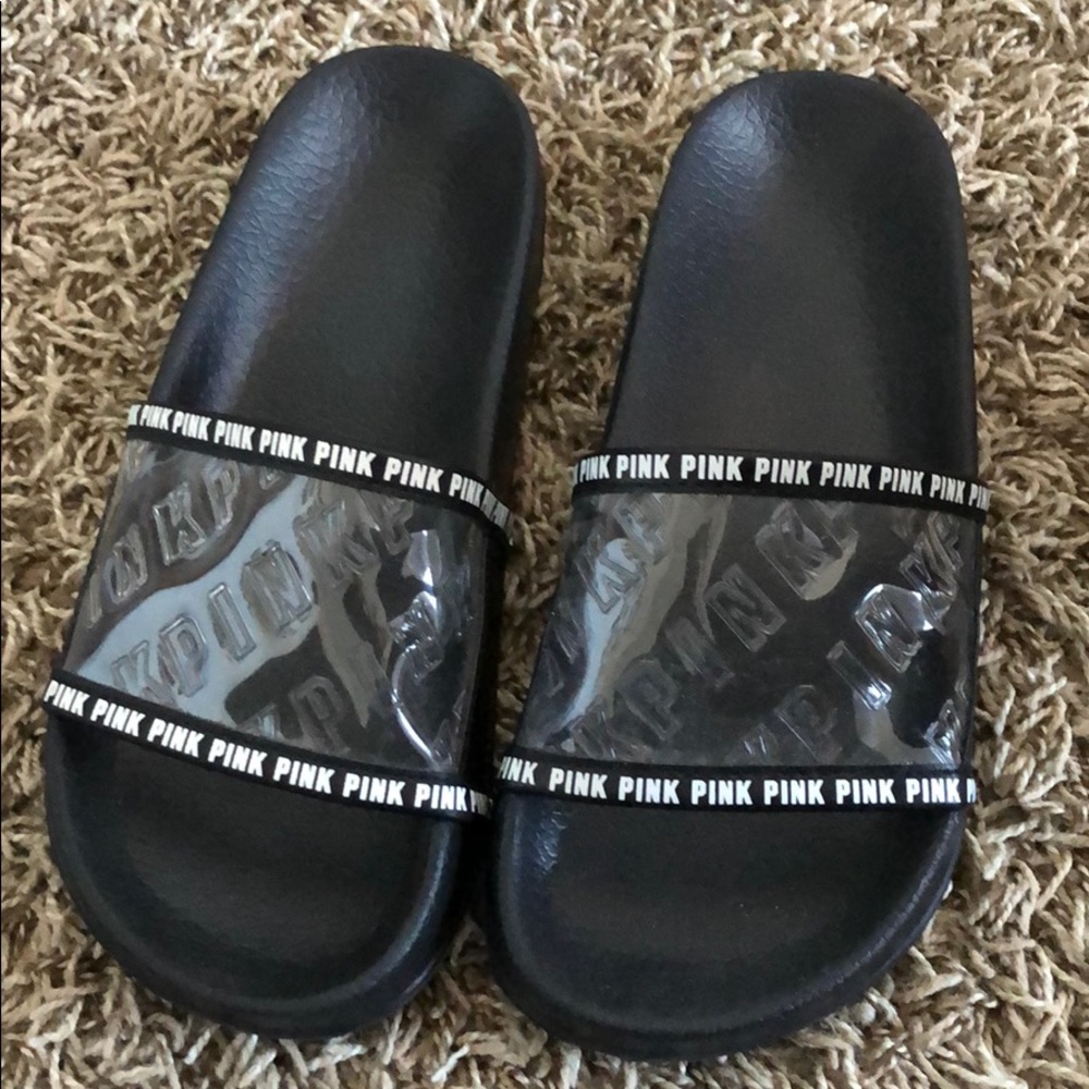 PINK VICTORIA SECRET CLEAR BLACK SLIPPERS